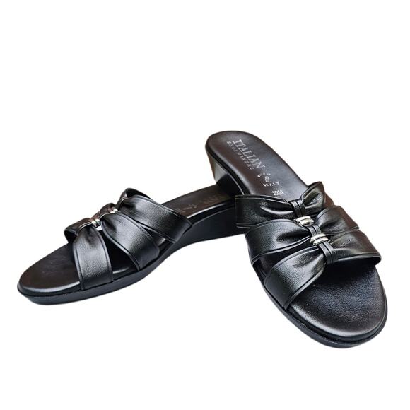 Black Mini Wedge Sandals Italian Shoemakers Bade Size 10 Strappy Slides Silver - Picture 1 of 12